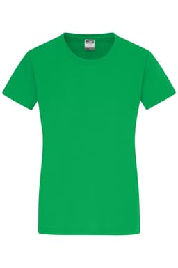 A green ladies' T-shirt with a round neckline and short sleeves, featuring a label inside.