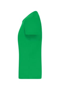 A green T-shirt with a classic cut, featuring short sleeves and a simple design. It has a logo on it.