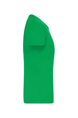 A green t-shirt with short sleeves, featuring a side view and a logo on the fabric.