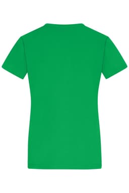 A green women's T-shirt with a simple design and short sleeves. Features a logo on the back.