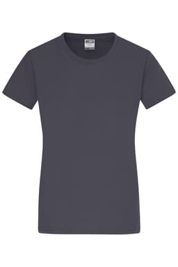 A grey ladies' T-shirt featuring a round neckline and short sleeves. The shirt has a branding label inside.