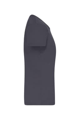 A dark grey ladies' T-shirt featuring short sleeves and a fitted design, with a logo present.