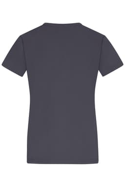 A dark grey ladies' T-shirt with short sleeves and a plain back, featuring a logo.