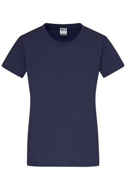 A navy blue women's t-shirt with a round neckline and short sleeves, featuring a logo.