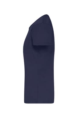 A navy blue T-shirt with a classic crew neck and short sleeves. It features a logo on the front.
