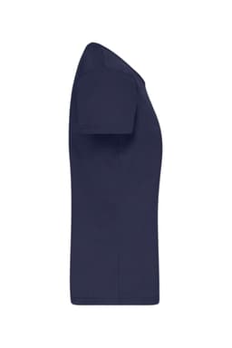 A navy blue women's t-shirt with short sleeves and a fitted style. It features a logo on the fabric.