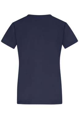 A navy blue women's T-shirt with short sleeves and a fitted design, featuring a logo.