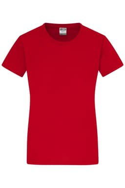 A red Ladies-T shirt with a classic crew neckline and short sleeves. The shirt features a logo on the label.