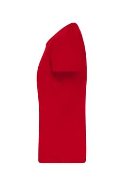 A red T-shirt with short sleeves, featuring a logo. Displays a side view.
