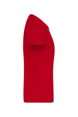 A red T-shirt with short sleeves and a fitted design, featuring a branding logo.