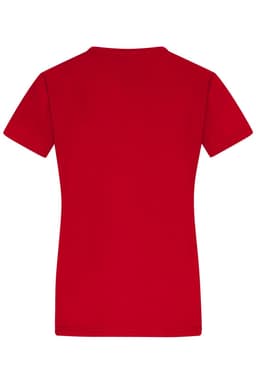 A red ladies’ T-shirt with a fitted style and short sleeves, featuring a logo on the back.