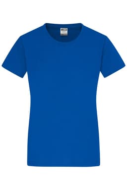 A blue ladies' T-shirt with a round neckline and short sleeves, featuring a logo on the label.