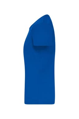A blue T-shirt with short sleeves and a rounded neckline, featuring a logo on the side.