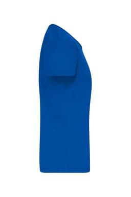 A blue T-shirt with short sleeves, featuring a side view and a simple design. The shirt has a logo on it.