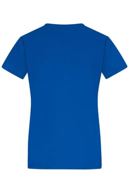 A blue ladies' T-shirt with a classic crew neckline and short sleeves. The back view highlights its simple design.