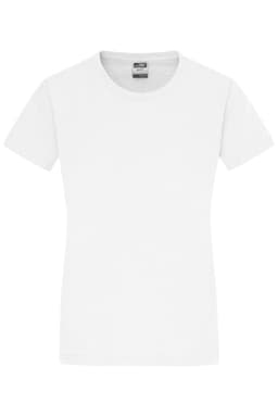 A white ladies' T-shirt with a crew neckline and short sleeves, featuring a tag inside the collar.