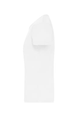 A white T-shirt with short sleeves, showing a side view. The shirt includes a logo or branding.