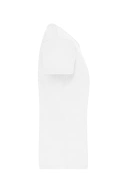 A white T-shirt featuring short sleeves and a simple design, with a logo on the front.