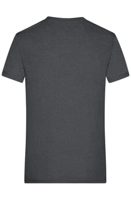 A dark grey heather men's T-shirt viewed from the back, featuring a simple design with a logo.