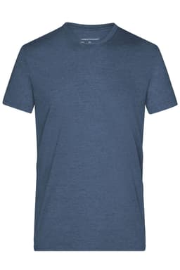 A men's heather T-shirt in navy blue with a crew neckline and short sleeves. It features a logo at the neckline.