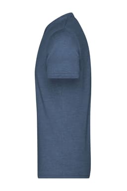 A blue men's heather T-shirt featuring short sleeves and a classic fit. It has a branding logo.