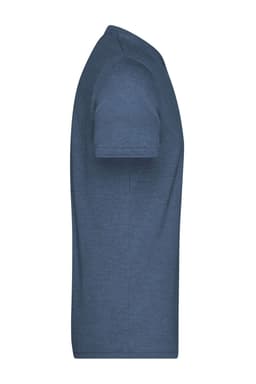A blue men's heather t-shirt with short sleeves, featuring a logo on the side.