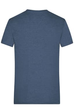 A men's heather T-shirt in a deep blue colour, featuring a simple design and a logo on the back.