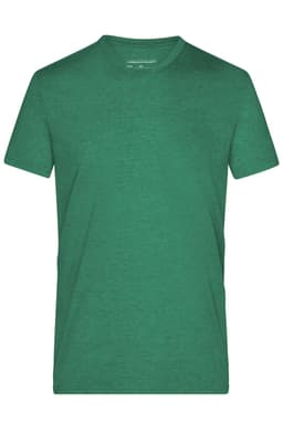 A green men's heather t-shirt with a crew neck and short sleeves, featuring a logo on the label.
