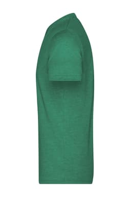 A green heather men's T-shirt features a crew neck and short sleeves. It includes a logo on the side.