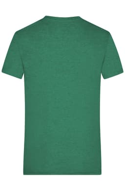 A green heather t-shirt displayed from the back, featuring a simple design and a logo on the neck area.
