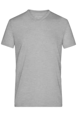 A grey heather t-shirt with a v-neck design, featuring a small logo on the label.
