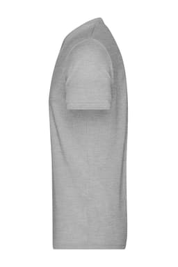 A grey heather men's t-shirt displayed from the side, featuring short sleeves and a simple design.