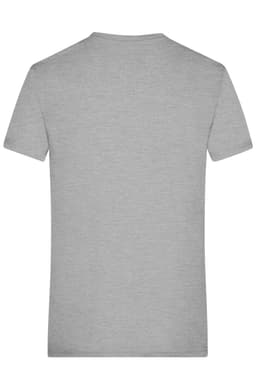A grey heather men’s T-shirt with a round neck and short sleeves, featuring a branding logo.