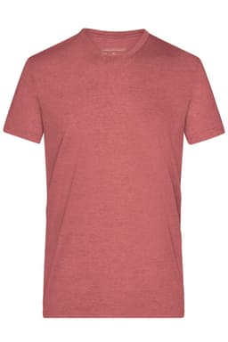 A men's heather t-shirt in a shade of red, featuring a crew neckline and short sleeves. Includes a logo.