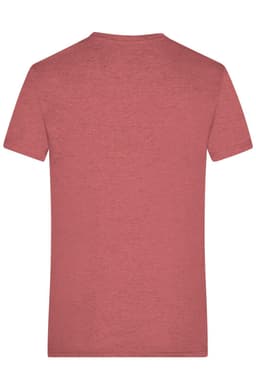 A men's heather T-shirt in a muted reddish hue, featuring a simple design and a brand logo on the back.