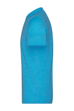 A blue men's heather t-shirt with short sleeves, shown from the side. It features a logo on the label.