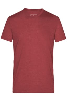 A red heather T-shirt with a crew neck and short sleeves. It features a branding logo.