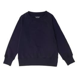 A navy blue kid's sweatshirt with a round neckline and ribbed cuffs. It features a logo on the inside label.