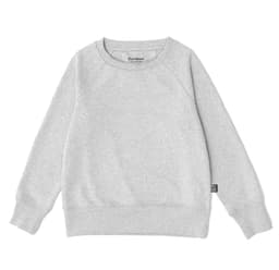 A grey kid's sweatshirt with a ribbed neckline and cuffs, featuring a small logo on the side.