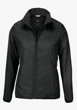 A black jacket featuring a zip front, chevron stitching, and side pockets. Includes a logo on the fabric.