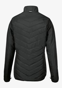 A black women's jacket with a chevron quilted design and a high collar. It features a logo on the back.