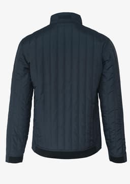 A navy soft shell jacket with a ribbed design and a collar, featuring a branded logo.