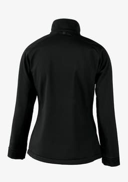 A black soft shell jacket with a high collar and long sleeves, featuring a logo on the back.