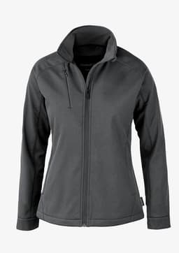 A soft shell jacket for women in grey, featuring a zip front and a collar, with a logo on it.