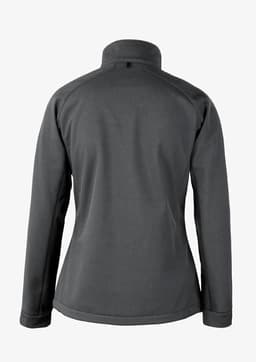 A grey soft shell jacket featuring a high collar and a logo, shown from the back.