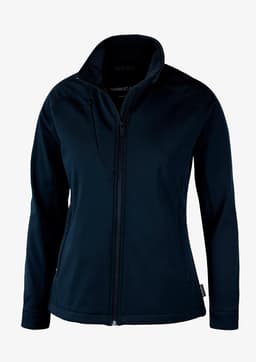 A navy women's soft shell jacket featuring a zip front and a collar. It includes a logo on the chest.