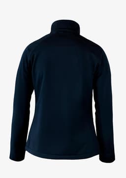 A soft shell jacket in navy blue with a high collar and a plain design, featuring branding on the back.