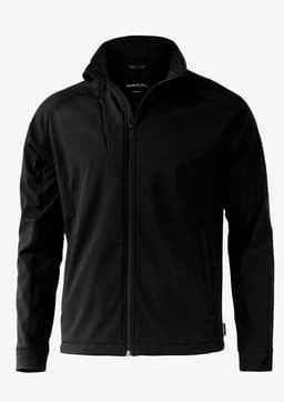 A black soft shell jacket with a zippered front and a hood, featuring a logo on the jacket.