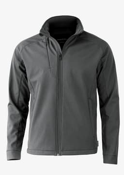 A soft shell jacket in a stylish dark grey colour featuring a zip front and a high collar. It has a logo on the chest.