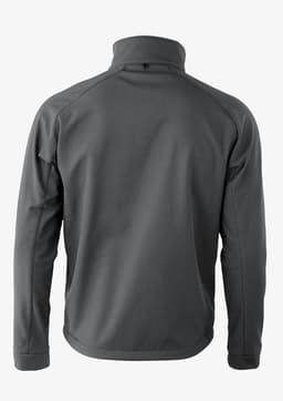A grey soft shell jacket with a high collar and a rear view featuring a logo.